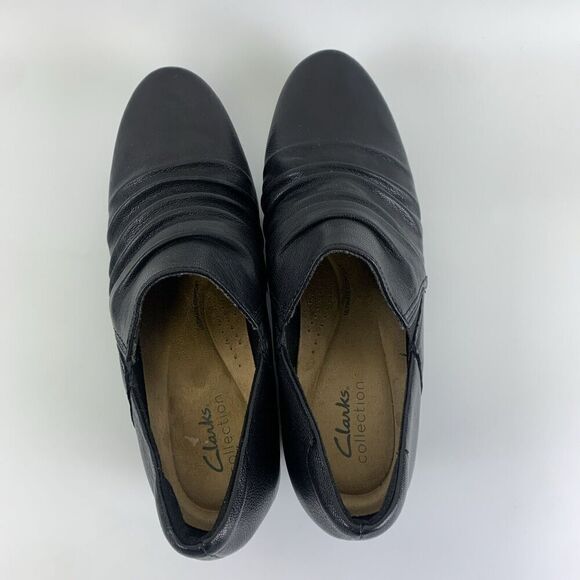 Clarks Emily Cove Pump Black Leather Slip On Low Heel Ruched Round Womens 9.5 - Picture 6 of 13